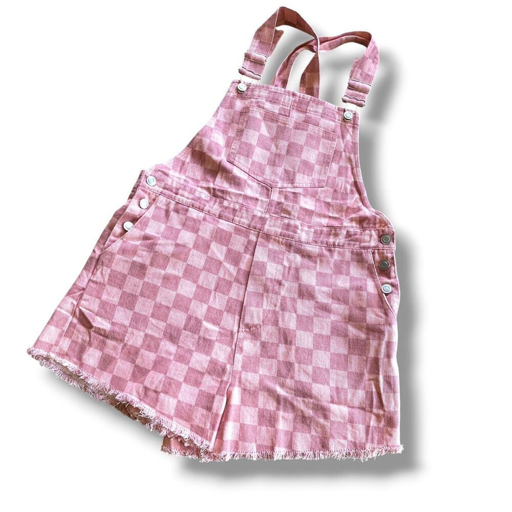 &merci Pink Checkered Short Overalls Jr’s Sz L Wmn’s S Denim Shortalls Raw Hem